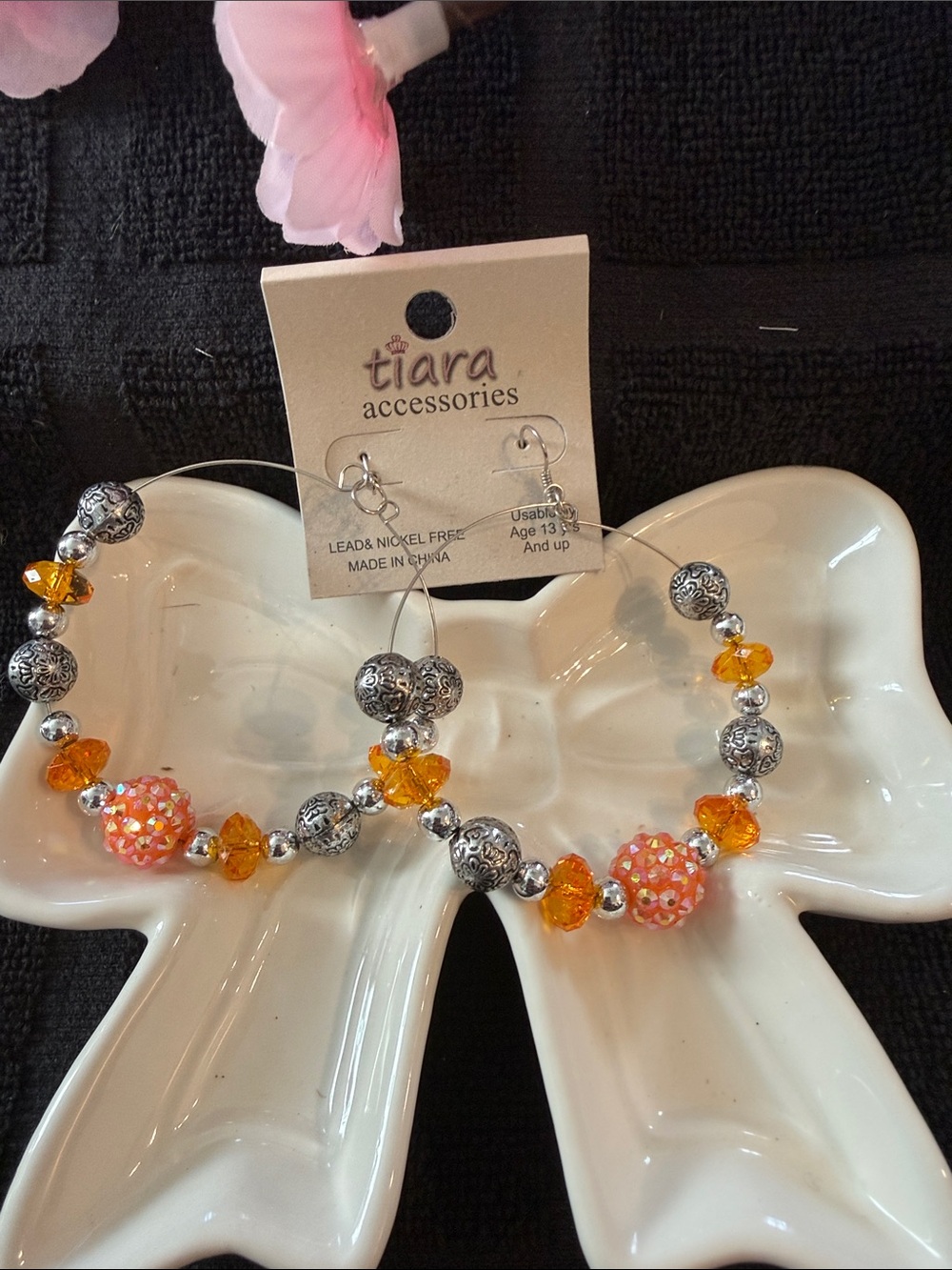 Tiara Orange and Silver Beaded Hoop Earrings